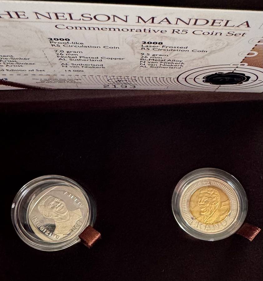 2008 MANDELA R5 - 90th BIRTHDAY COMMEMORATIVE LAZER FROSTED & PROOFLIKE 2000 R5 SET - ORIGINAL