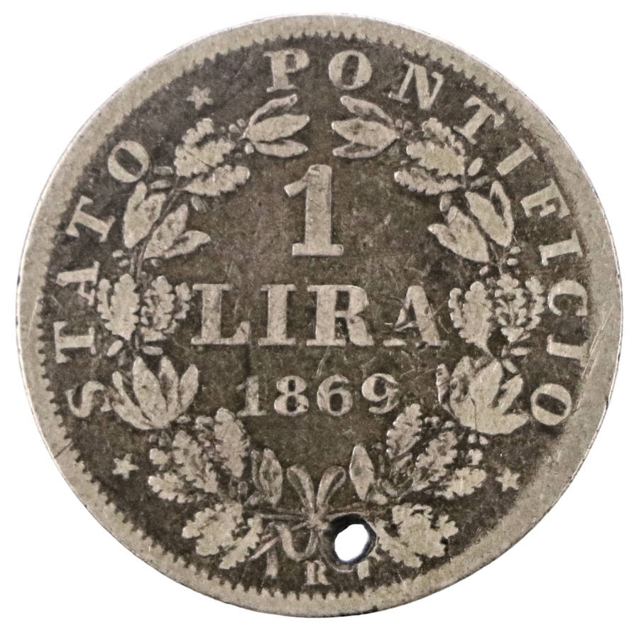 1869 Papal States  1 Lira .835 Silver KM#1387, holed