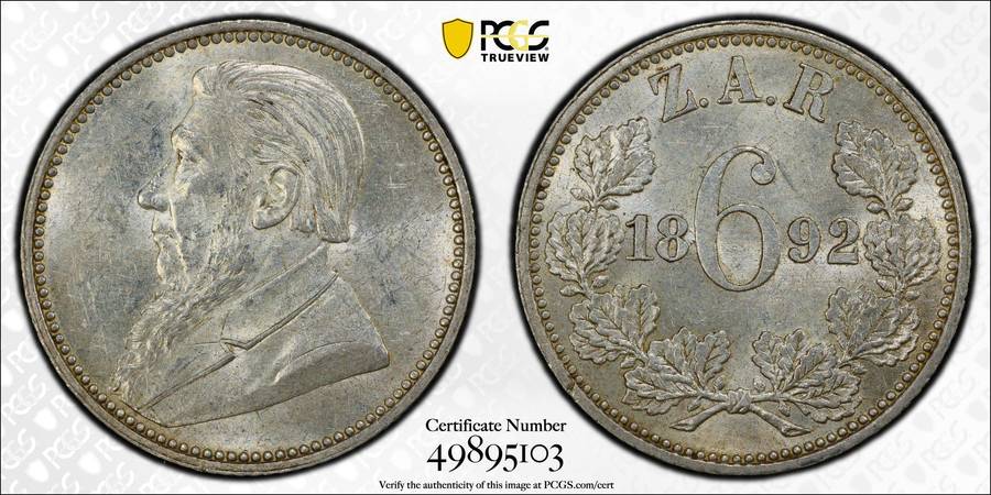 High Value 1892 ZAR 6 Pence Graded MS 62 PCGS