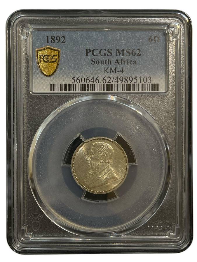 High Value 1892 ZAR 6 Pence Graded MS 62 PCGS