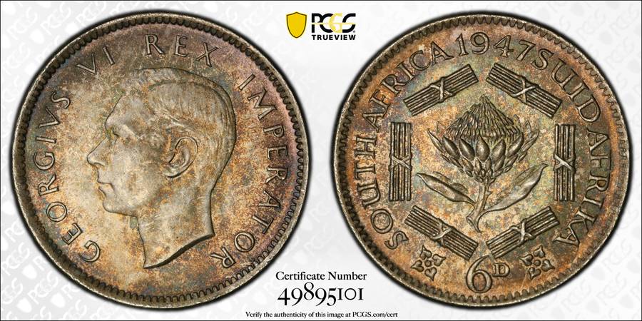 1947 South African 6 pence Graded MS 65 by PCGS