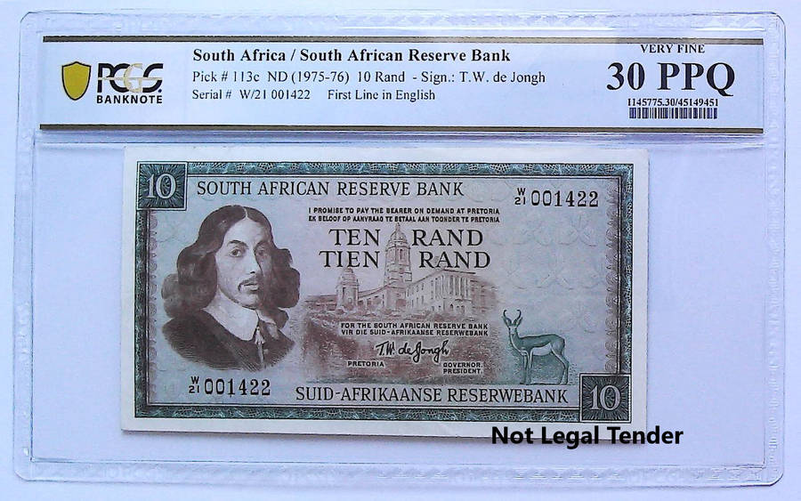 Low serial 1976 South Africa T.W De Jongh Type 9 Third Issue R10 "001422", Replacement "W" Grade Ver