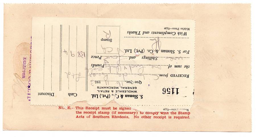 1953 Southern Rhodesia, Barclays Bank - C. L. de Beer. Ltd Anzac Mine, Cheque issued for £138 and 9