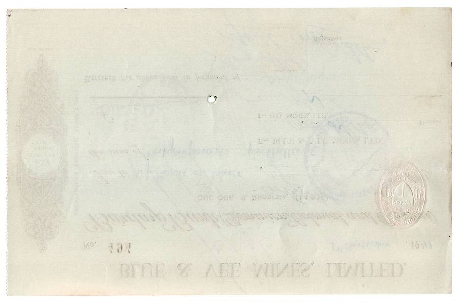 1941 Southern Rhodesia, Barclays Bank - Blue & Vee Mines, Limited Cheque issued for £41 and 5 Shilli