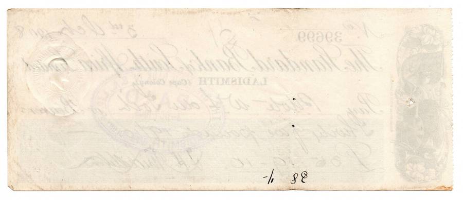 1908 The Standard Bank of South Africa Limited Ladismith (Cape Colony) Cheque, 35 Pounds 19 Shilling