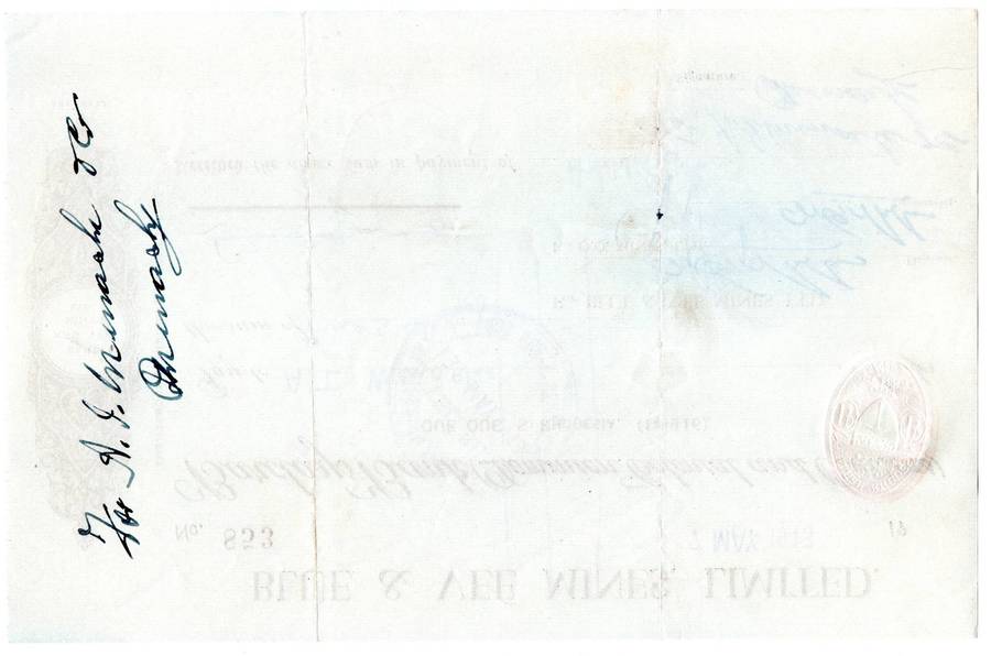 1943 Southern Rhodesia, Barclays Bank - Blue & Vee Mines, Limited Cheque issued for £0, 9 Shillings