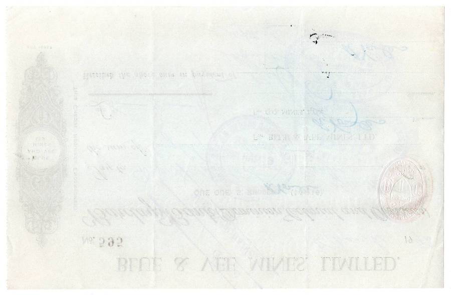 1942 Southern Rhodesia, Barclays Bank - Blue & Vee Mines, Limited Cheque issued for £8 and 4 Shillin