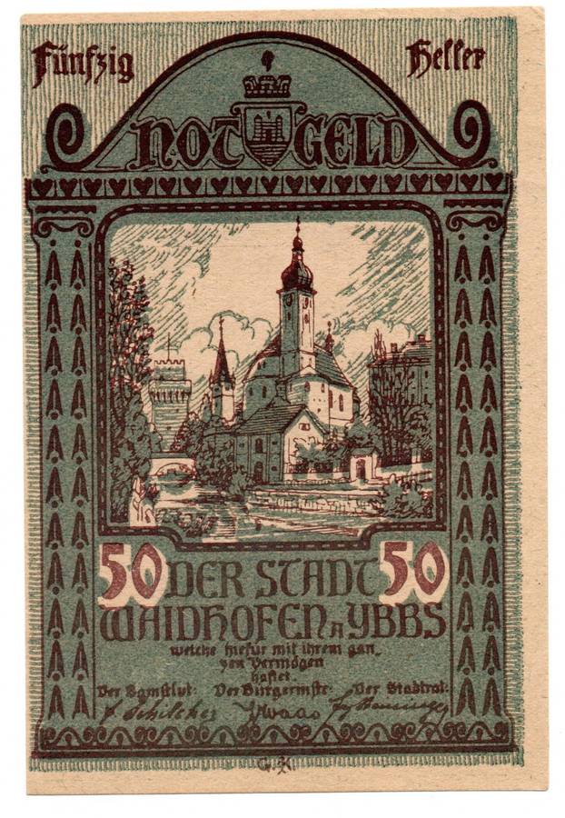 Error 1920 Austria City of Waidhofen 50 Heller off centre cut