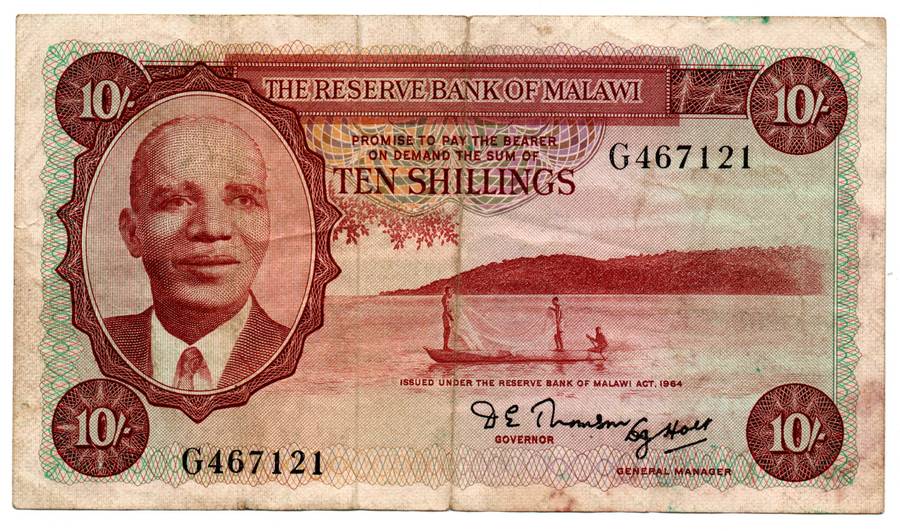 1964 Malawi Reserve Bank Issue 10 Shillings Pick#2, vertical folds