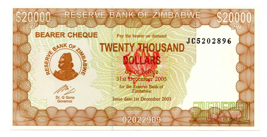 2003 Zimbabwe Emergency Bearer Cheque 20 000 Dollars Pick#23d