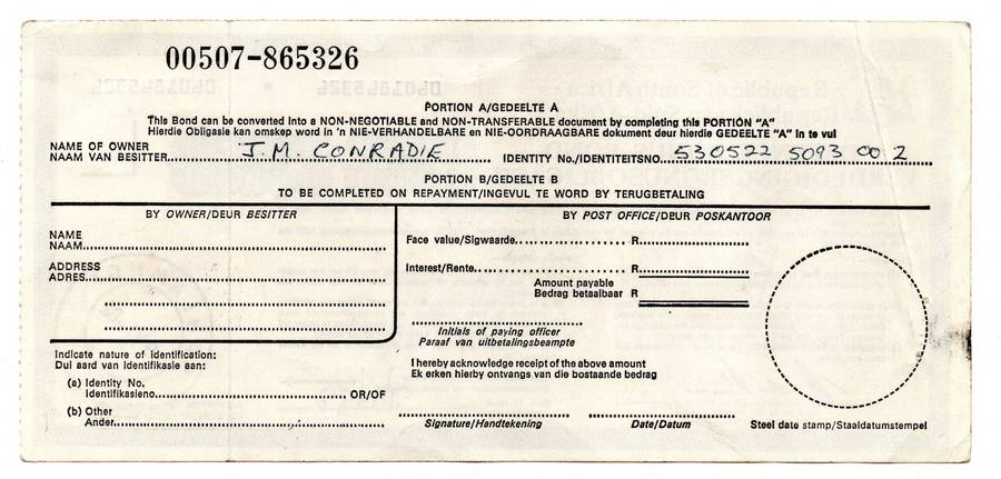 1982 South Africa R5 Defense Bonus Bond, Sanlamhof Stamp, "J.M Conradie" fold