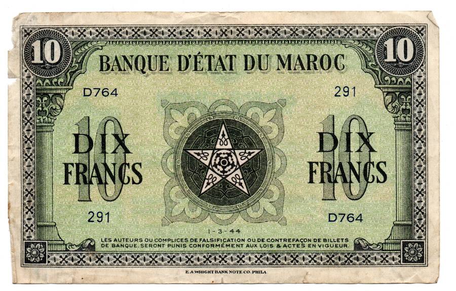 1944 Morocco Filler 10 Francs Pick#25a ex-hinged, glue residue on back right of note