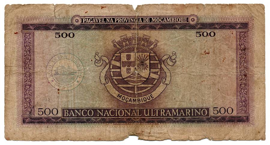 1967 Mozambique Filler 500 Escudos Pick#110a alot of edge damage/edge tears, centre fold hole