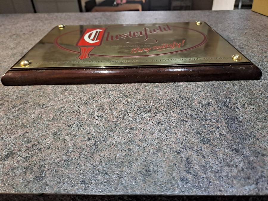 Vintage signage Chesterfield brass and wood advertising