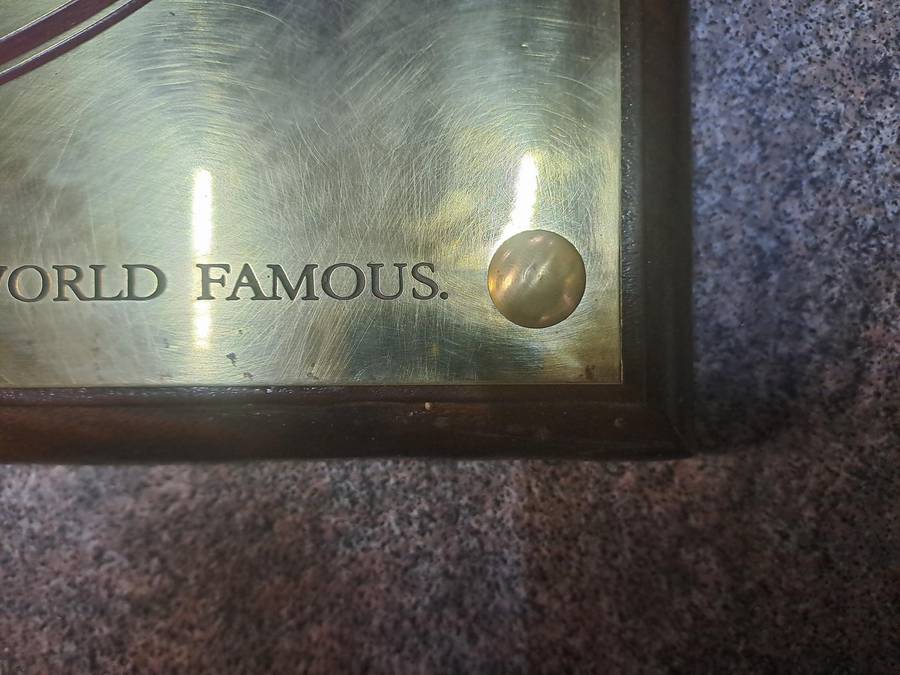 Vintage signage Chesterfield brass and wood advertising