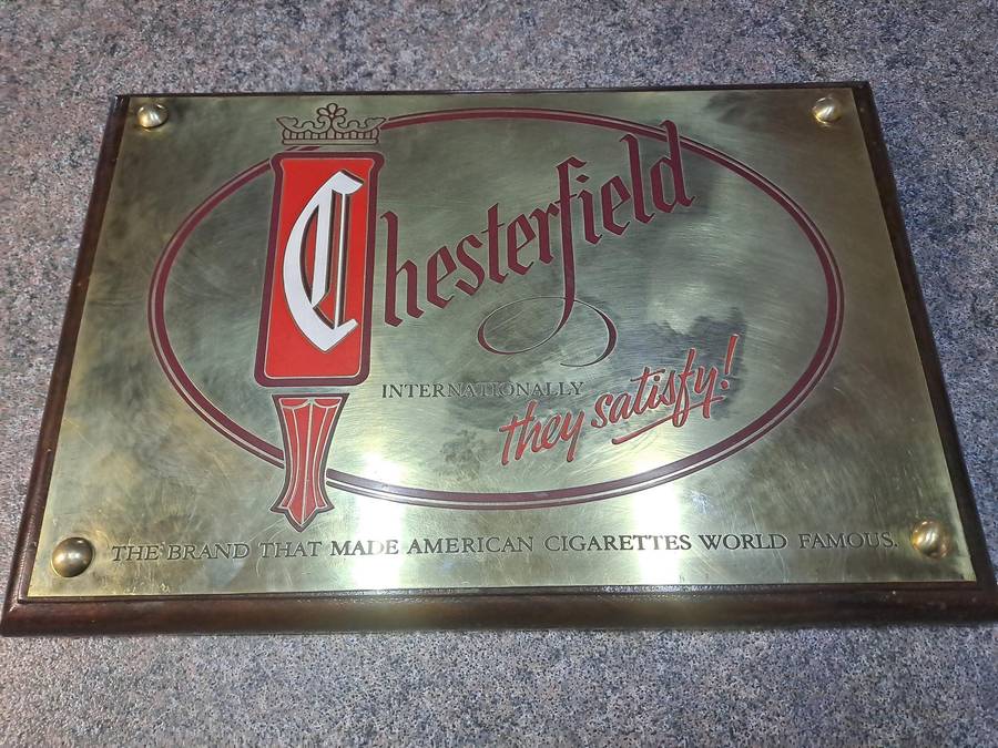 Vintage signage Chesterfield brass and wood advertising