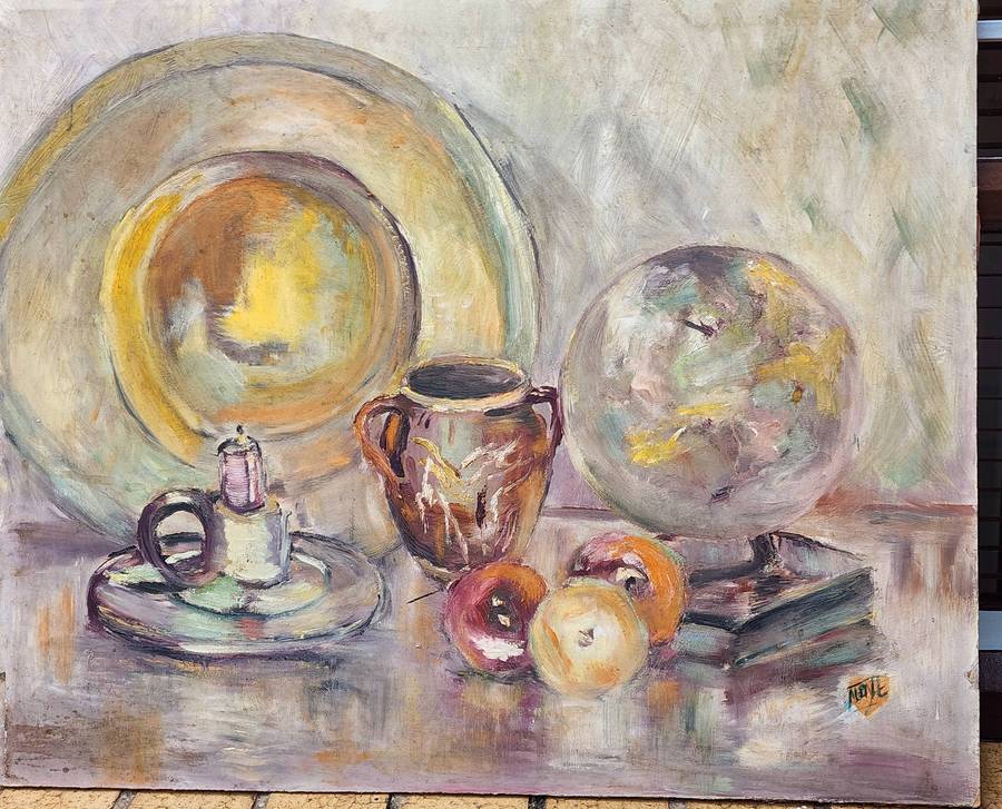 STILL LIFE -fruit, books, candle - beautiful surreal almost abstract - OIL PAINTING on board, FAB!