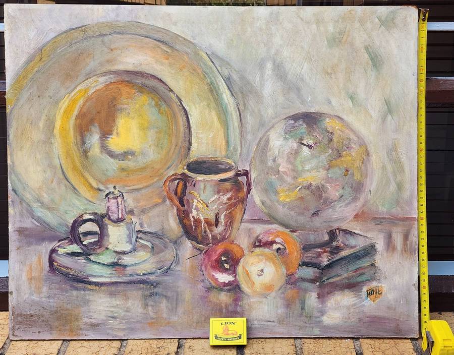 STILL LIFE -fruit, books, candle - beautiful surreal almost abstract - OIL PAINTING on board, FAB!