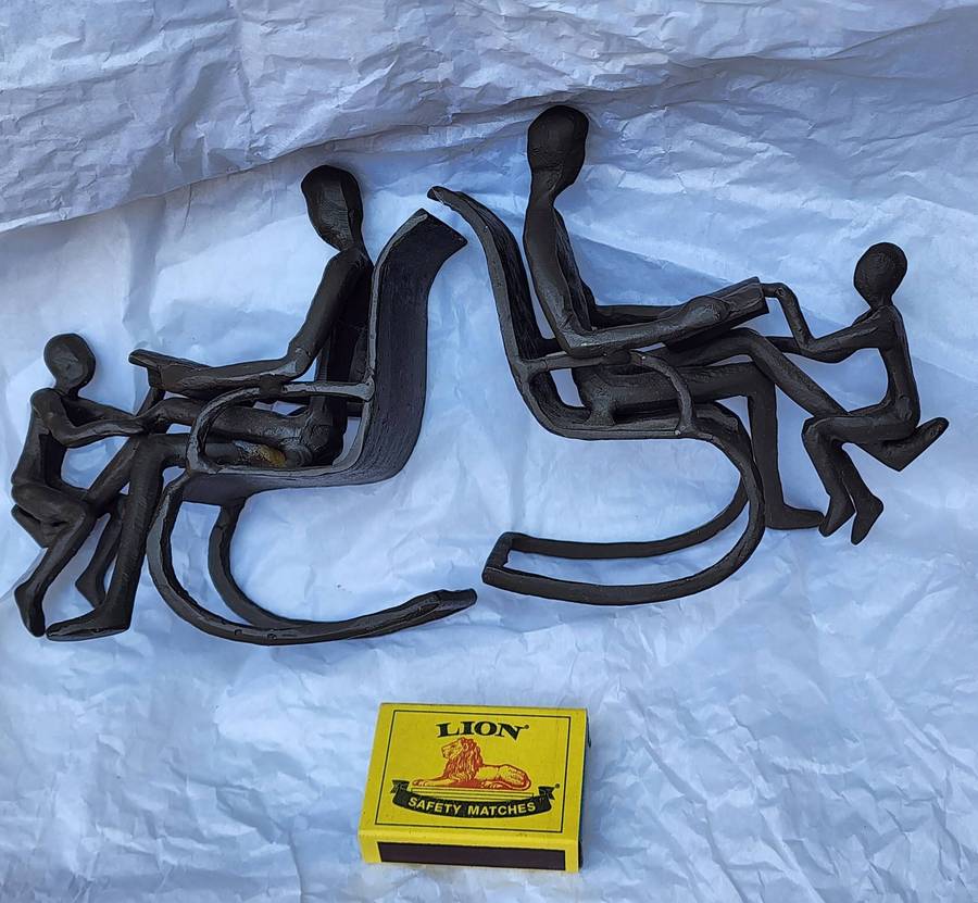 Vintage METAL Bookends - pair of Unique design "FATHER and SON on Rocking Chair, reading" SUPERB!