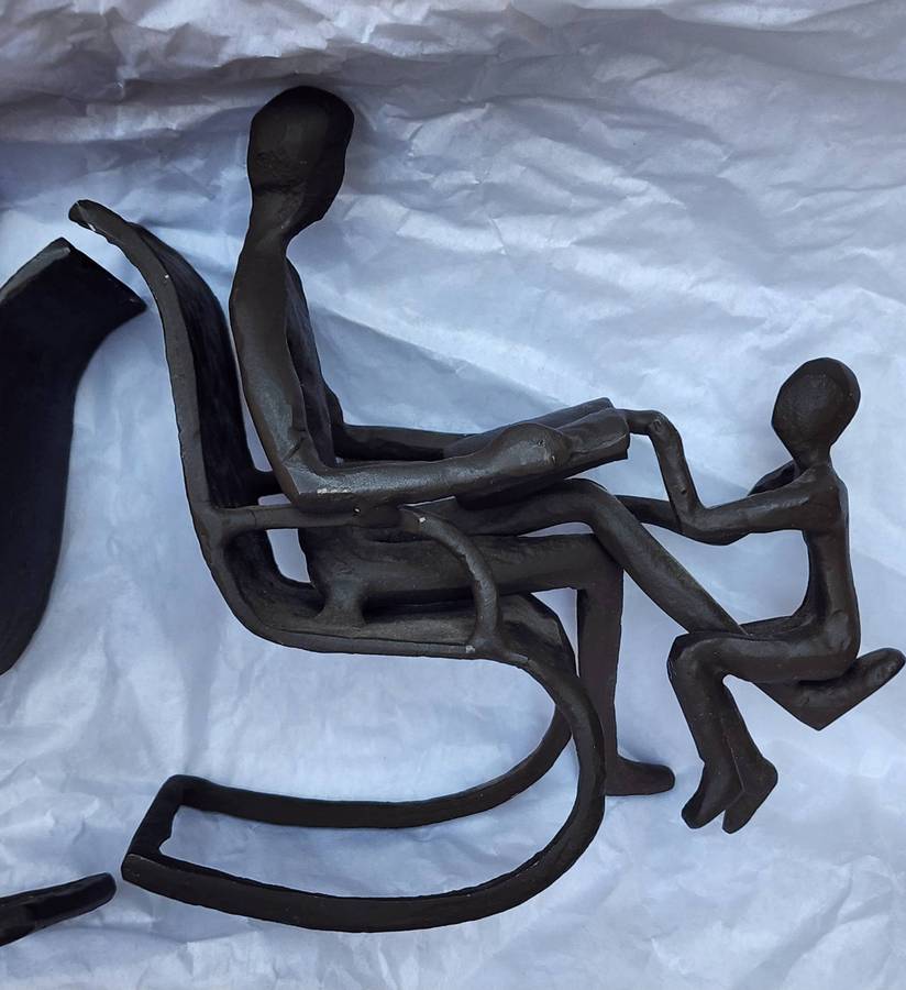 Vintage METAL Bookends - pair of Unique design "FATHER and SON on Rocking Chair, reading" SUPERB!