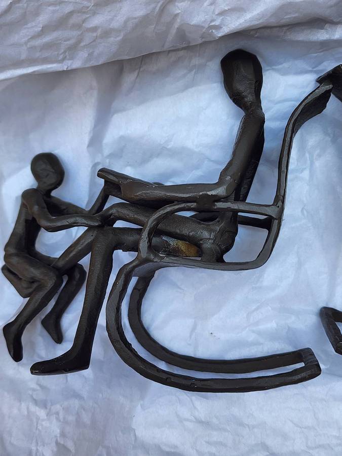 Vintage METAL Bookends - pair of Unique design "FATHER and SON on Rocking Chair, reading" SUPERB!