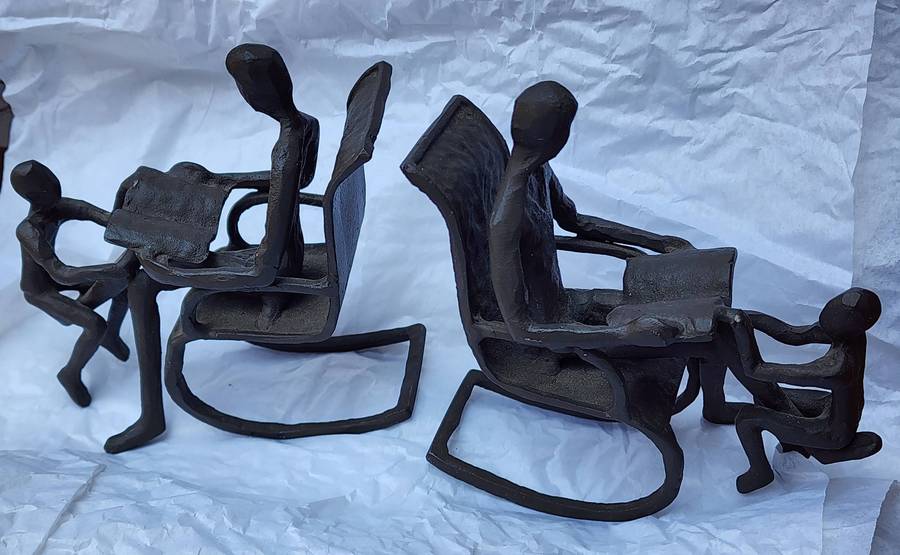 Vintage METAL Bookends - pair of Unique design "FATHER and SON on Rocking Chair, reading" SUPERB!