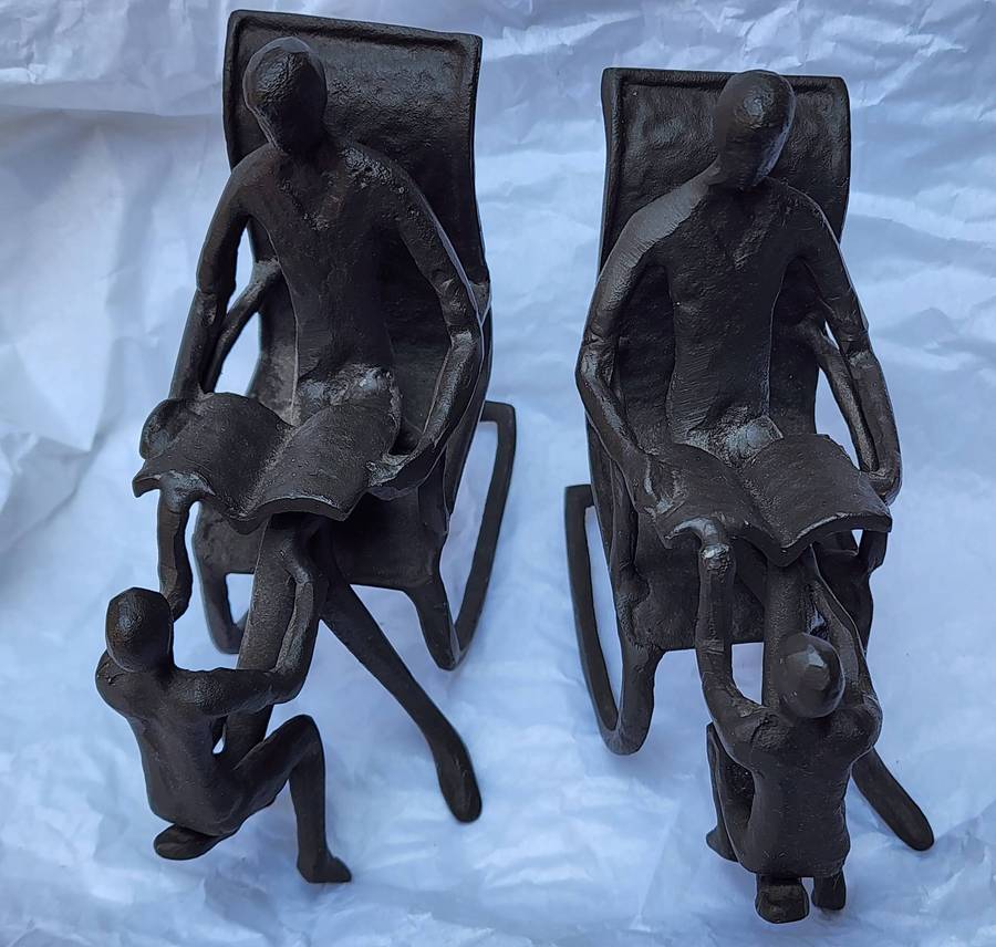 Vintage METAL Bookends - pair of Unique design "FATHER and SON on Rocking Chair, reading" SUPERB!