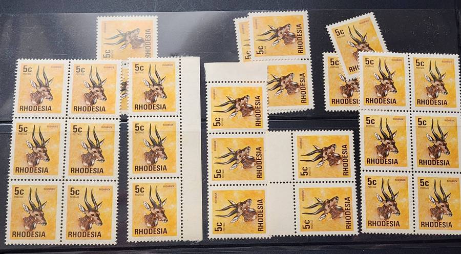 Rhodesia 1974 : 5c BUSHBUCK mnh in pairs and blocks (28) OVERPRINTS- Flowers (14) Flame Lily +
