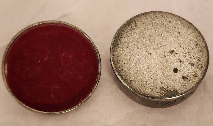 ANTIQUE Silver Round "MY FIRST TOOTH" inscribed with Teddy bear on lid- velvet lined- MAGNIFICENT !!