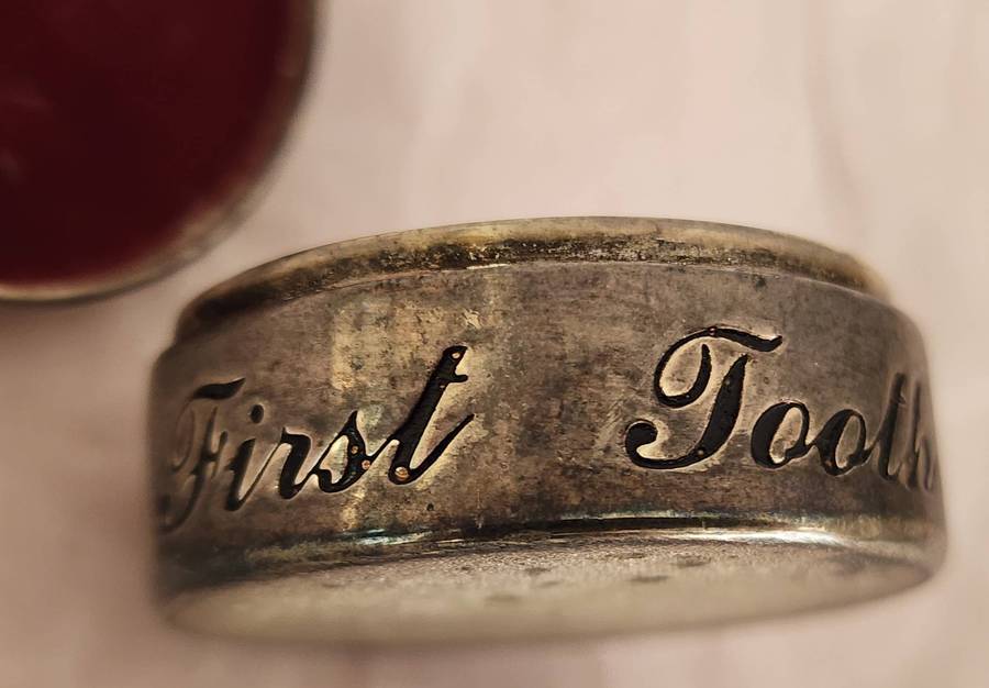 ANTIQUE Silver Round "MY FIRST TOOTH" inscribed with Teddy bear on lid- velvet lined- MAGNIFICENT !!