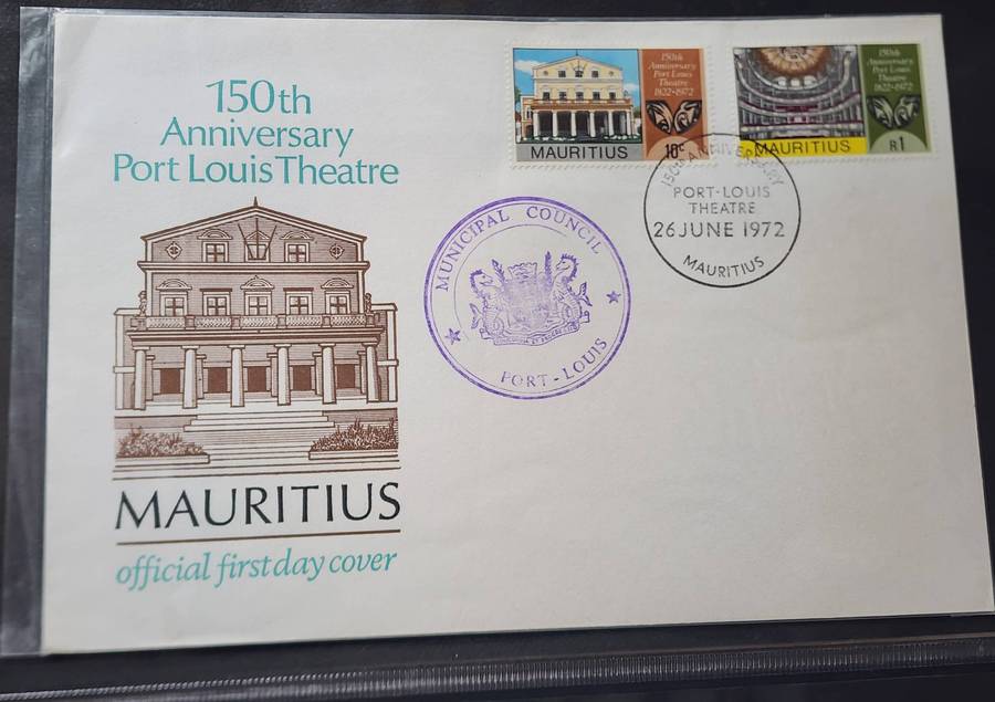 Stamps -MAURITIUS FDC's (2)- 1972 Port Louis 150th Anniv Theatre, plus Prince William of Wales -WOW!
