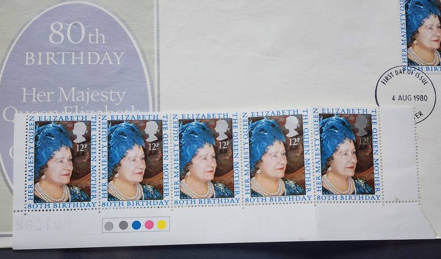 STAMPS - GB FDC's(2) 1990 Queens Awards plus 1980 Queen Mother FDC, Control strip of 5!! amazing lot
