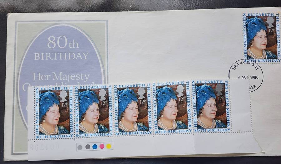 STAMPS - GB FDC's(2) 1990 Queens Awards plus 1980 Queen Mother FDC, Control strip of 5!! amazing lot