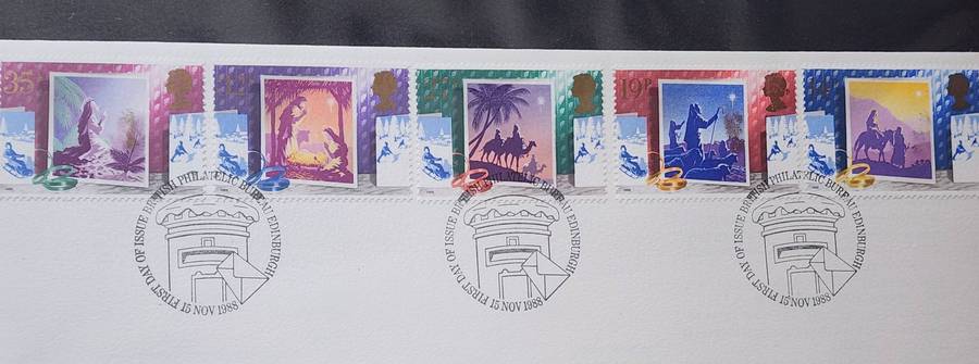 STAMPS - GB FDC's (2) 1989 Games & Toys, plus 1988 Christmas set of 5- beautiful covers!