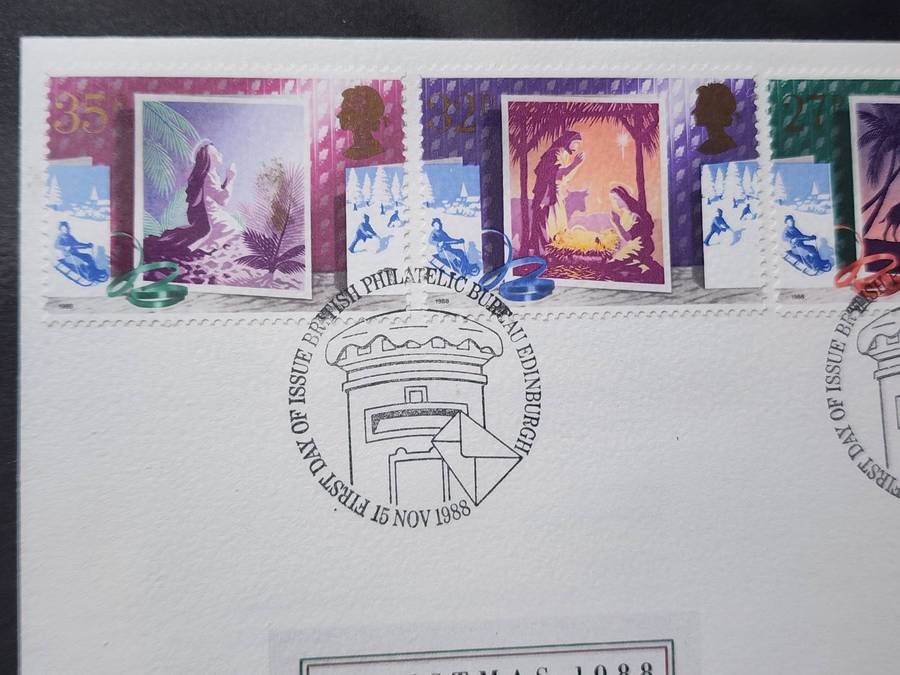 STAMPS - GB FDC's (2) 1989 Games & Toys, plus 1988 Christmas set of 5- beautiful covers!