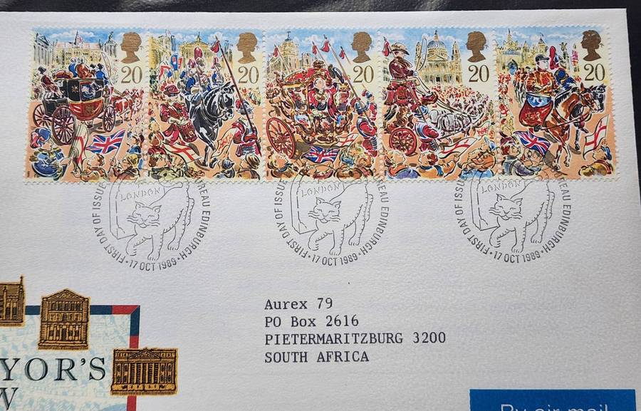 STAMPS - GB FDC's (2) 1989 Lord Mayors Show strip of 5  plus Penny Black Machins scarce cover! WOW!