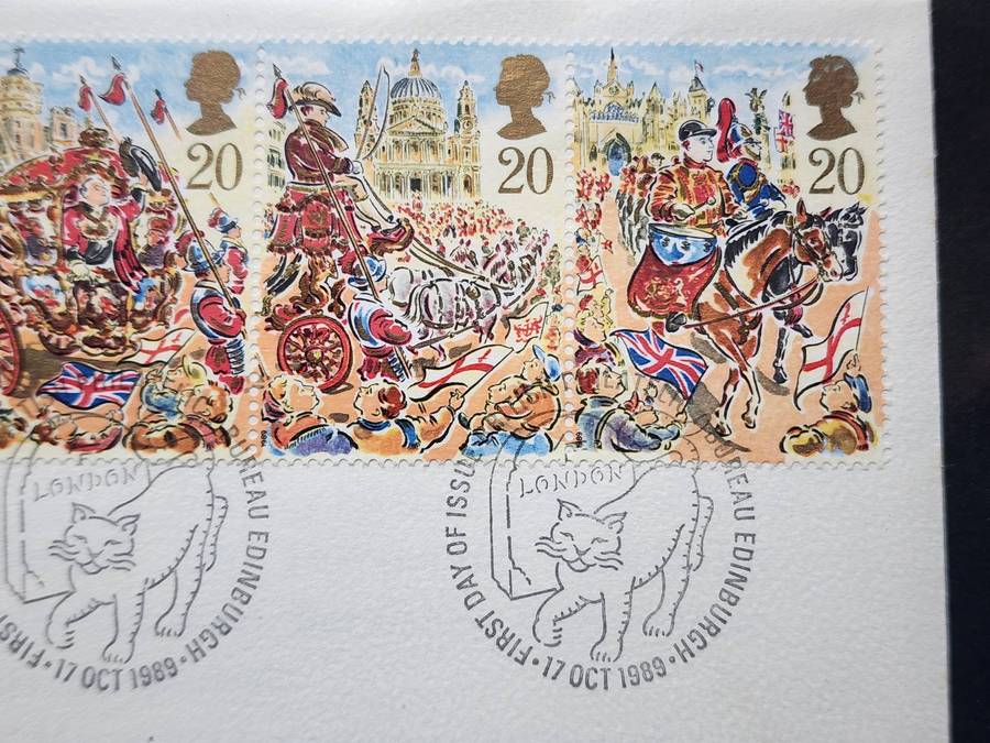 STAMPS - GB FDC's (2) 1989 Lord Mayors Show strip of 5  plus Penny Black Machins scarce cover! WOW!