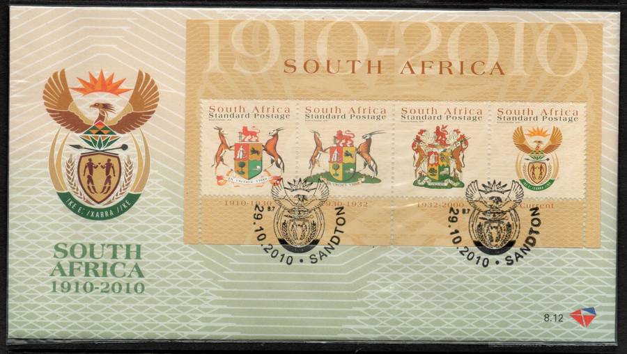 South Africa 2010 Coat of Arms sheetlet of 4 on FDC 8.12. SACC 2149. Cat R45 (2023-25)