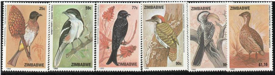 Zimbabwe 1992 Birds set of 6 unmounted mint. SG 826-831. Cat £6,75 (2013)