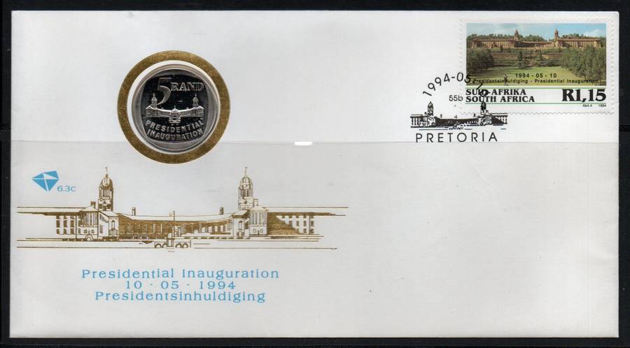 South Africa 1994 Mandela Inauguration FDC 6.3c with R5 coin. Cat R600 (2023-25)