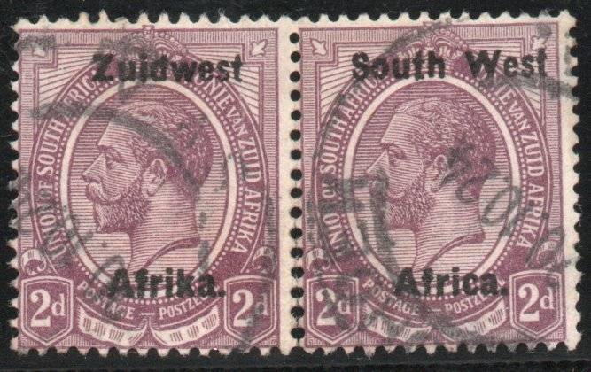 South West Africa 1923 KGV 2d pair very fine used. SACC 17. Cat R200 (2025)