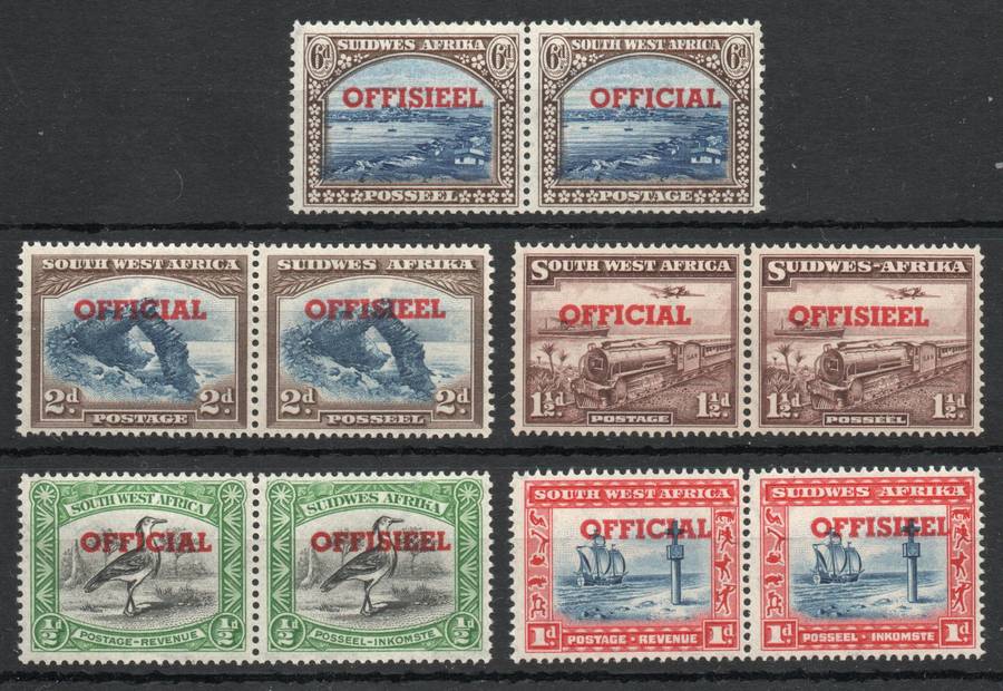 South West Africa 1951 Official set of 5 pairs unmounted mint. SACC 23-27. Cat R860 (2025)