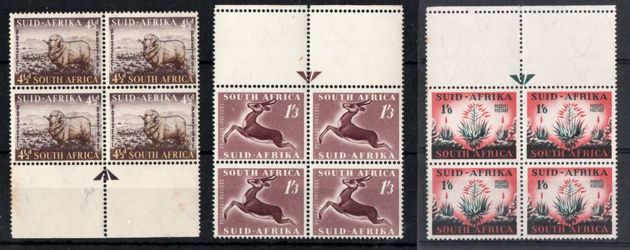 South Africa 1953 Defin issue set of 3 in arrow blocks of 4 unmtd mint. SACC 145-147 Cat R224 (2025)
