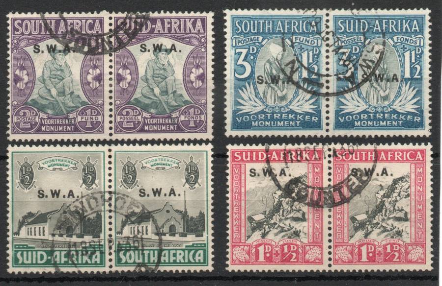 South West Africa 1935-36 Voortrekker Monument Fund set 4 pairs vfu. SACC 119-122b. Cat R1140 (2025)