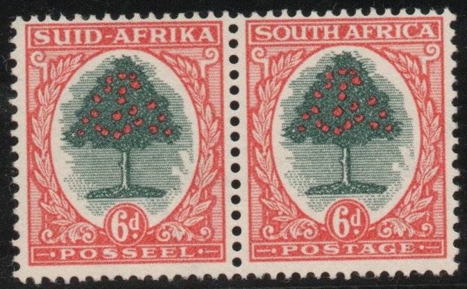 South Africa 1947-54 Definitive Screened Pictorial 6d pair unmounted mint. SACC 118. Cat R70 (2025)