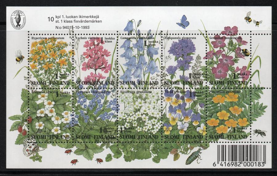 Finland 1994 Flowers sheet of 10 unmounted mint. SG 1357-1366. Cat £13 (2013)