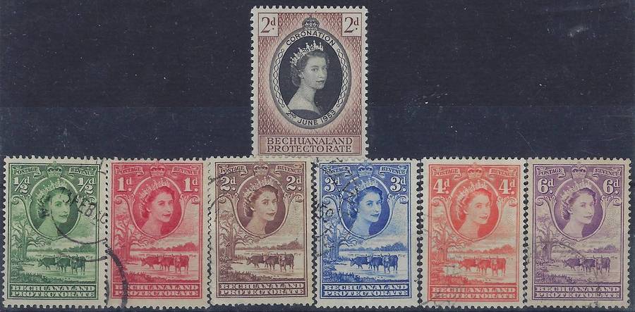 BECHUANALAND 1953/5 1/2d-6d  m and used  SG 142,143-146b,148 queen elizabeth 2 CAT R 625