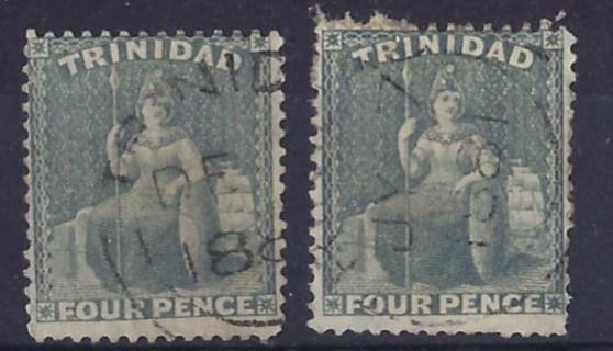 TRINIDAD 1859 4d used pair SG 76 grey   space fillers CAT GBP 4