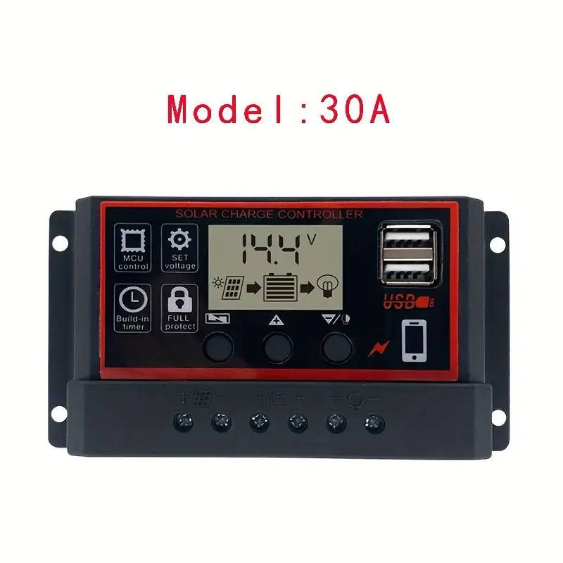 Solar Charge Controller PWM 12V/24V Auto Adapt 30A Dual USB 5V LCD Display - Black