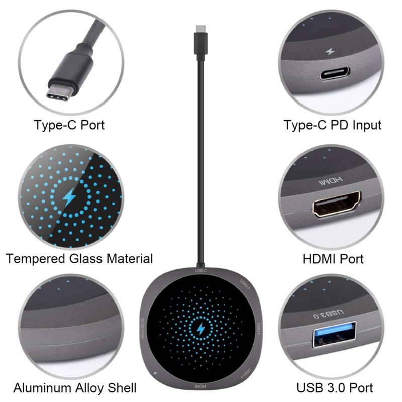 7 in 1 USB C HUB to USB 3.0 HDMI QI Adapter Wireless Charger